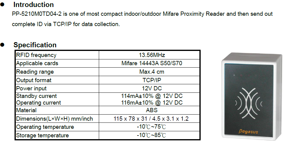 Đầu đọc thẻ Mifare Pegasus chuẩn TCP/IP PP-5210M0TD04